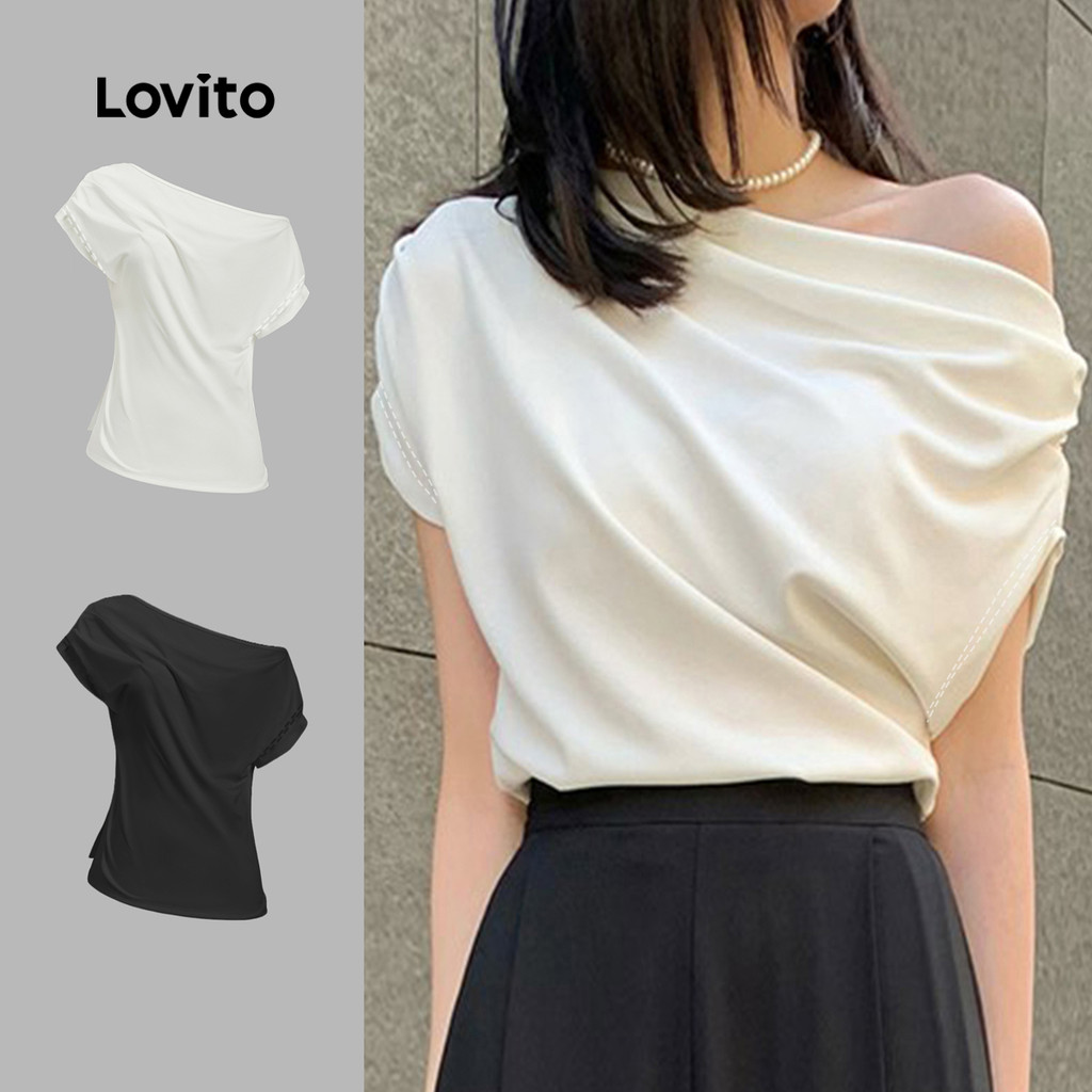 Lovito Camiseta Casual Lisa De Ombro Frio Para Mulheres L104ED494 em Oferta na Shopee