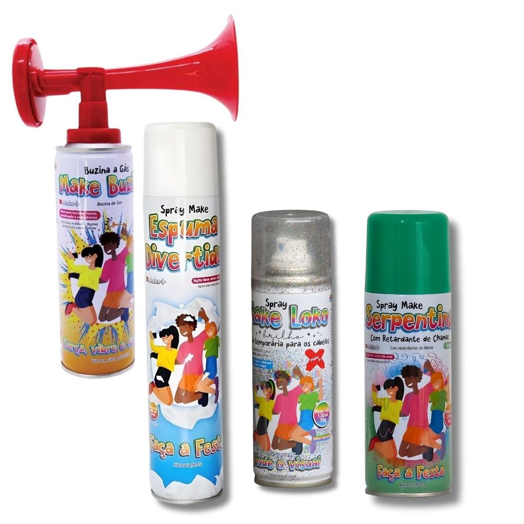ESPUMA SPRAY MAKE LATA 150ML /240g + TINTA CABELO E CORPO GLITER COLORIDA + BUZINA + SERPENTINA