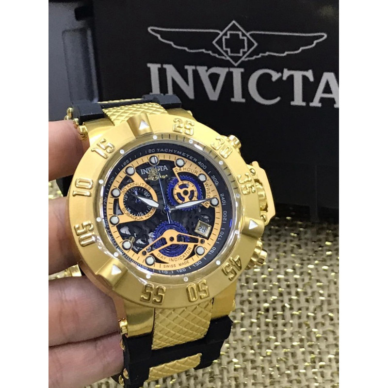 Relógio Invicta 18526 Subaqua Noma 3 Skeleton Gold Azul Banhado a Ouro 18k