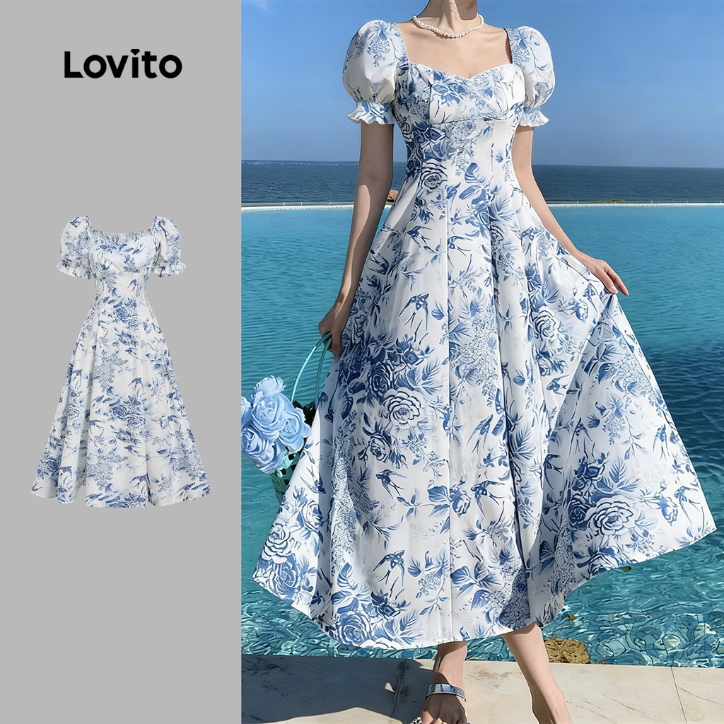Lovito Vestido Casual com Babados Azul Primavera/verão para Mulheres LBL33045 em Oferta na Shopee