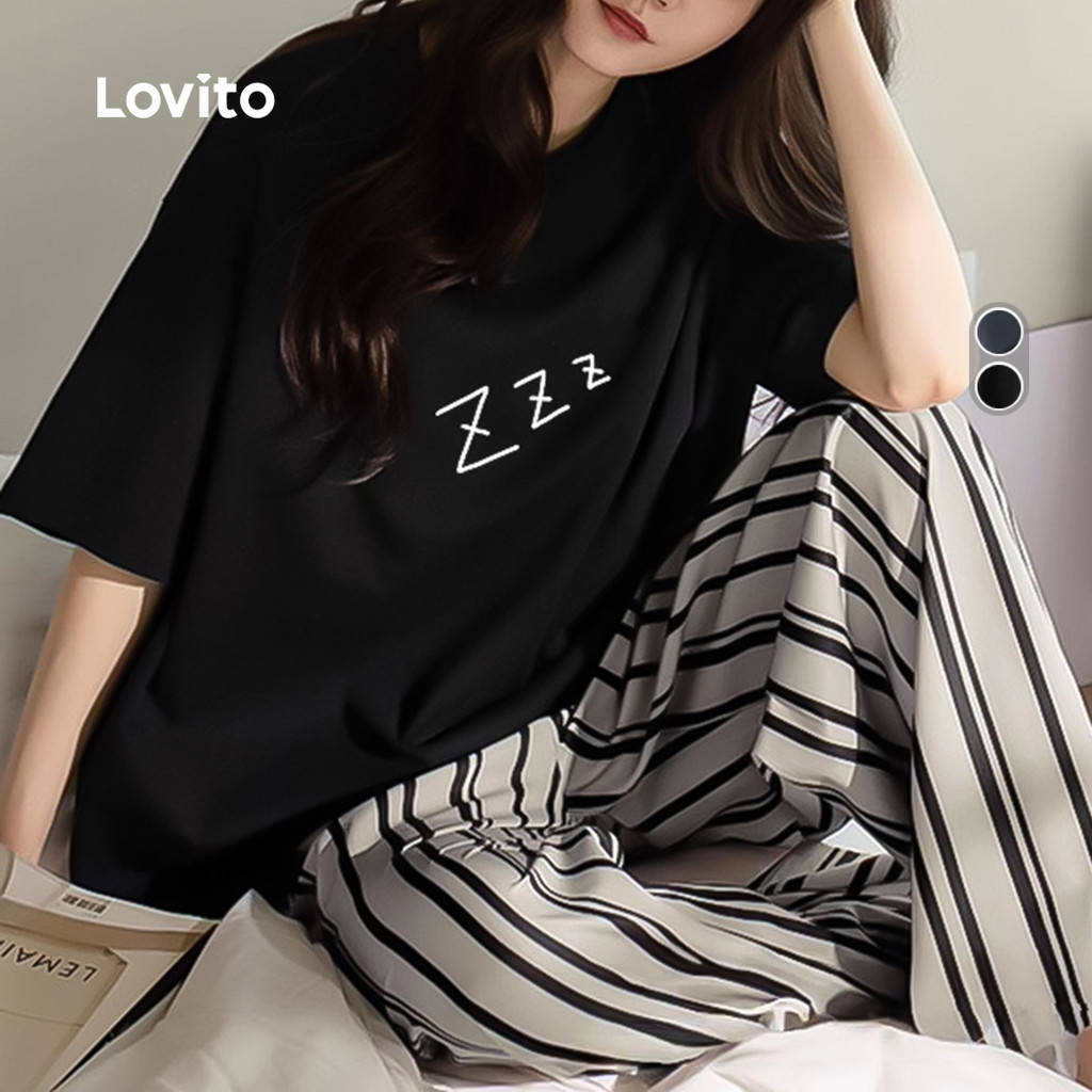 Lovito Conjunto De Pijama Casual De 2 Peças Estilo Coreano Para Usar Durante O Dia Ou Em Casa Para Mulheres LNE134X088 em Oferta na Shopee