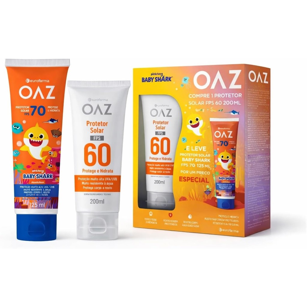 KIT FAMILIA OAZ - PROTETOR FPS 60 200ML + PROTETOR BABY SHARK FPS 70 125ML em Oferta na Shopee