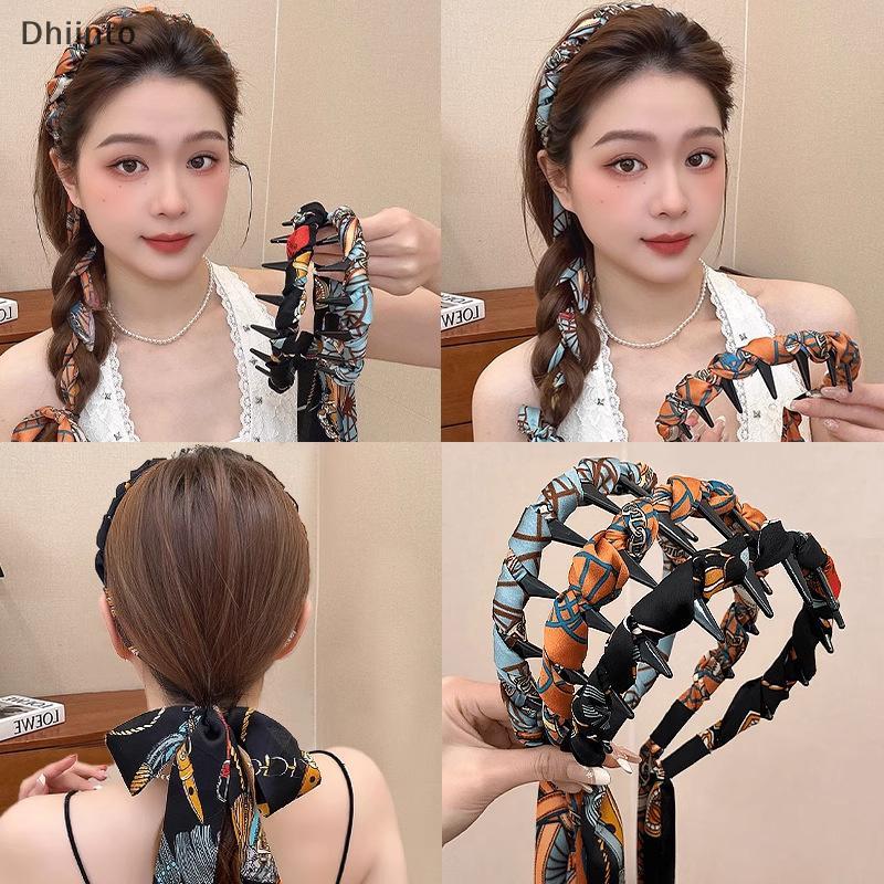 [Dhiint] Ribbonb , Onda Vintage Com Fita Floral E b-Faixa De Cabelo Reversível Efeito De Coroa Alta Em