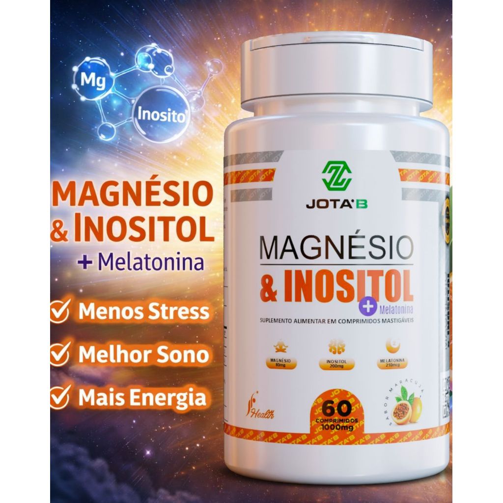 Magnésio e Inositol + Melatonina | Melhora Ansiedade, Sono e Saúde Muscular | 60 Comprimidos | 1000mg