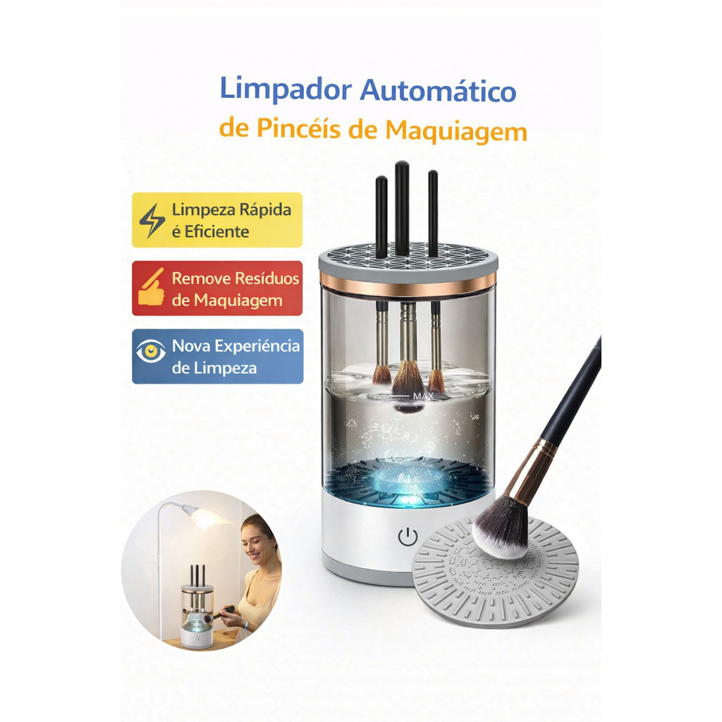 Máquina de Limpeza de Pincéis de Maquiagem Elétrica – Limpador Automático Portátil USB para Higienização Make