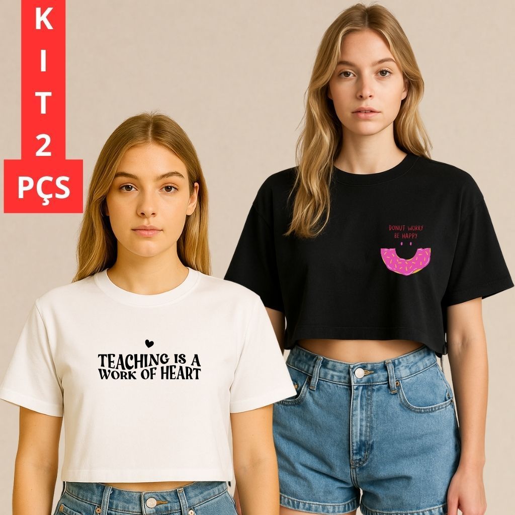 Cropped Feminina Oversized Kit 2 Algodão T-Shirt Casual Soltinha Tendência Minimalista Estampa Delicada