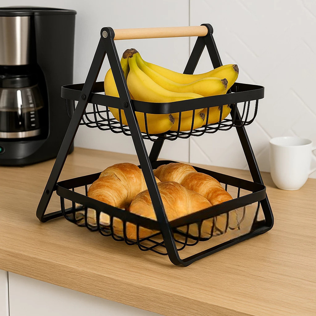 Fruteira Alça Madeira Cesto Frutas Organizador Cozinha Rack Prateleira Guarda Legumes Verduras
