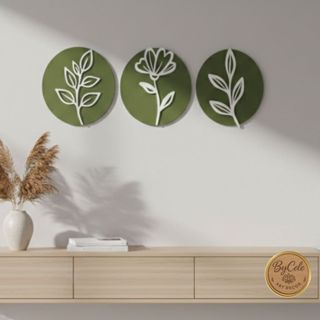 Trio Quadros Decorativos Redondos MDF 3mm  Flor e Folhagem 3D Minimalista - Kit 3 Peças 20x22cm Verde em Oferta na Shopee