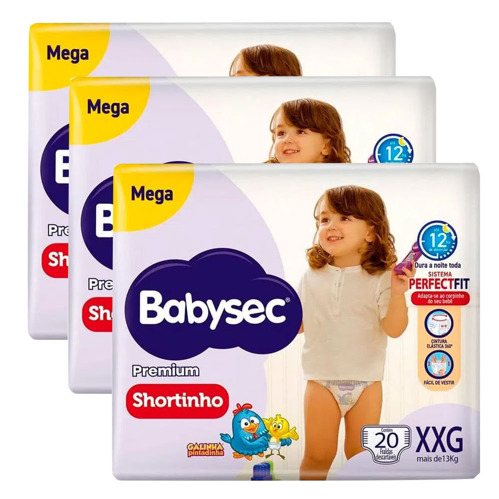 Kit 3 Fraldas Descartável Babysec Shortinho Mega XXG - 60 Tiras em Oferta na Shopee