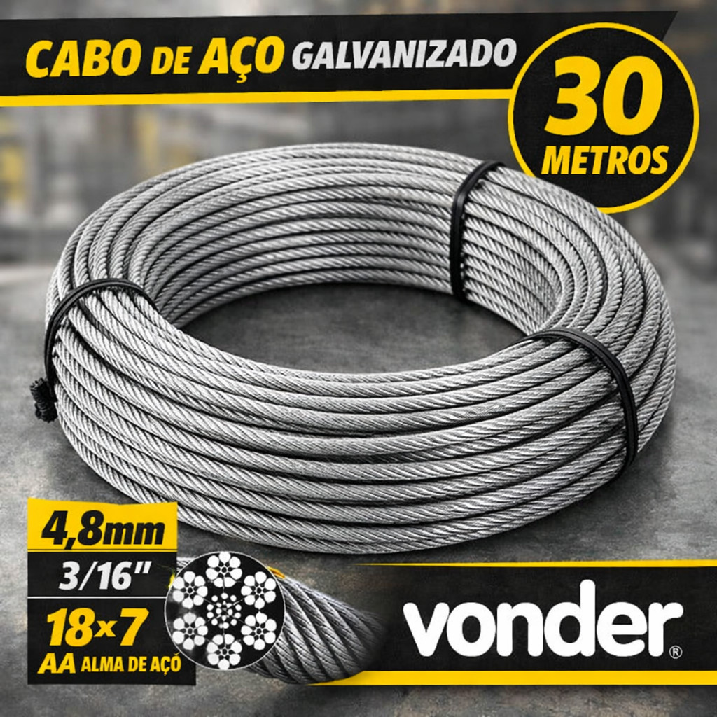 Cabo De Aço 30 Mts Galvanizado 4,8mm 3/16 Pol 18x7 Alma De Aço Para Guinchos Elétricos / Talhas