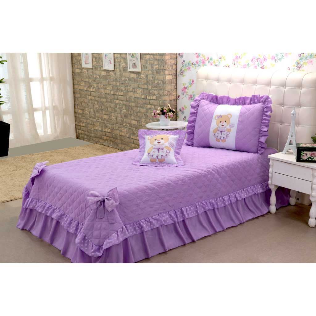 Cobre Leito Infantil Solteiro 3 Peças Ursinha Cor Rosa / Lilás em Oferta na Shopee