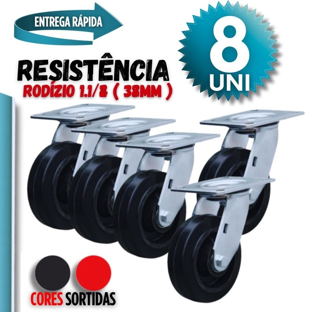 Kit 8/4 Rodízio Giratório, 1.1/2 Anti Ruído Rodinha Para Cadeira, Rack, Móveis e Vasos Multiuso Premium