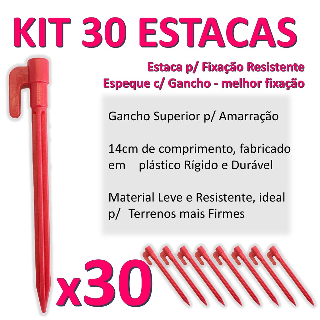 Kit 30 Estacas Pequena 14,5cm Vermelha P/ Rede Beach Tennis Camping Gazebo Areia Grama Fixador
