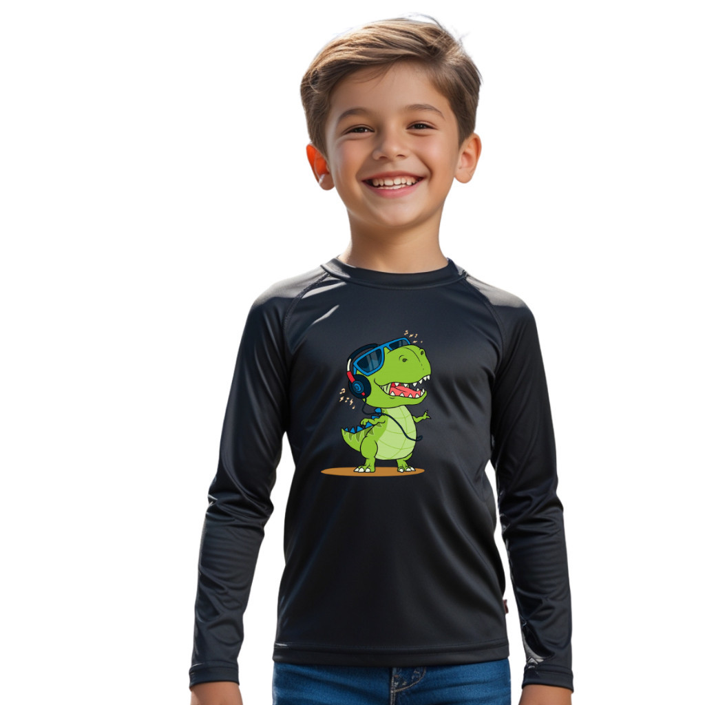 Camiseta Dinossauro Fofinho Dançando Menino Térmica Juvenil Infantil Proteção Solar Uv 50+ Estampada Camisas