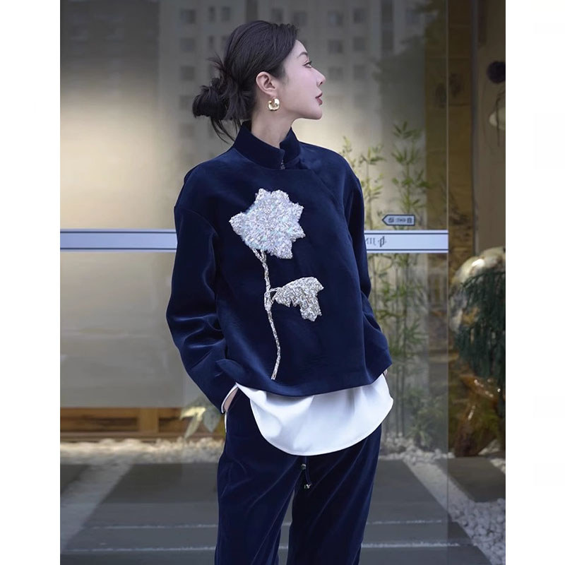 Novo estilo chinês terno feminino 2026 novo estilo primavera High-End estilo chinês botão de disco veludo topo calças de