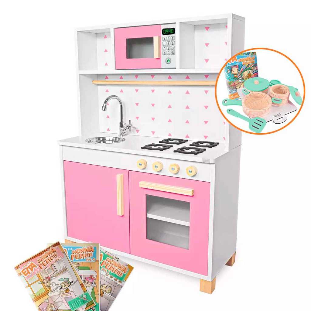 Cozinha Infantil Panelinhas Brinquedo Madeira Pedagógico Panelinha Verde Claro Faz de Conta Chef Kit Livro Educativo