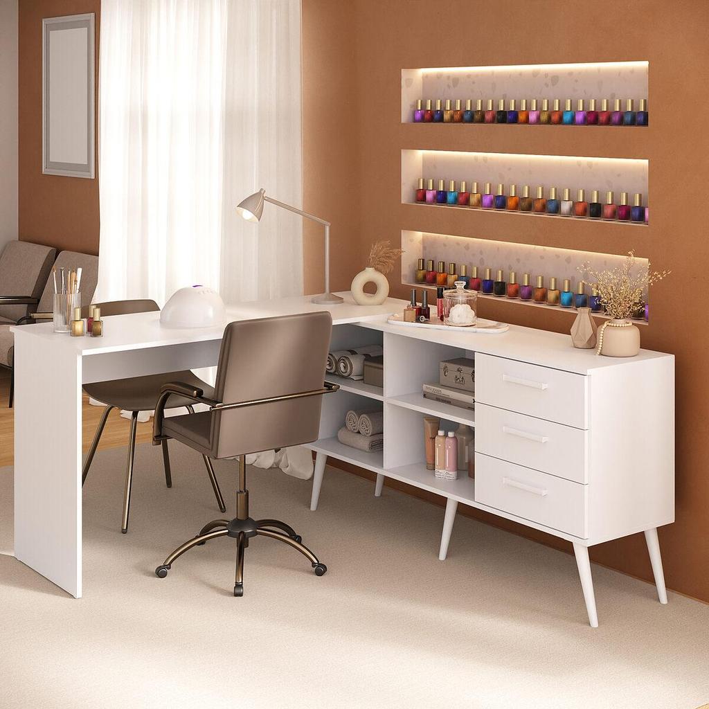 Mesa de Manicure Profissional em L com 3 Gavetas Jady Multimóveis MP6041 em Oferta na Shopee