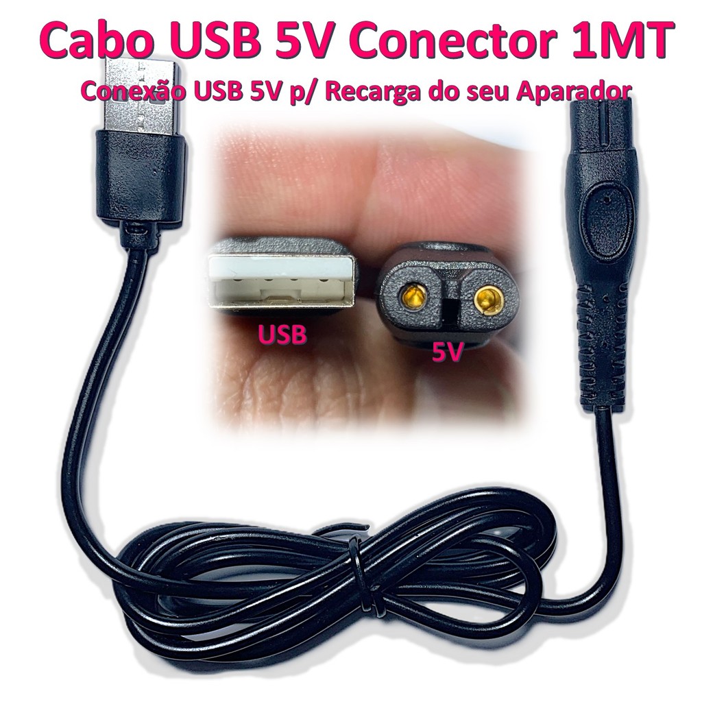 Cabo USB Carregador Adaptador 5V compatível c/ Alguns Modelos do Aparador One Blade e Barbeadores