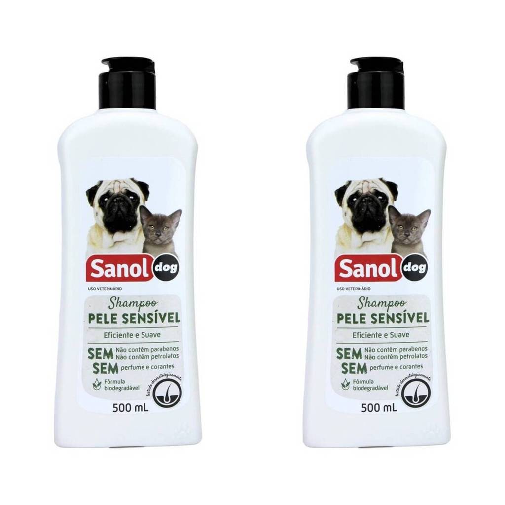 KIT 2 SHAMPOO PELE SENSÍVEL PARA CÃES E GATOS SANOL DOG 500 ML