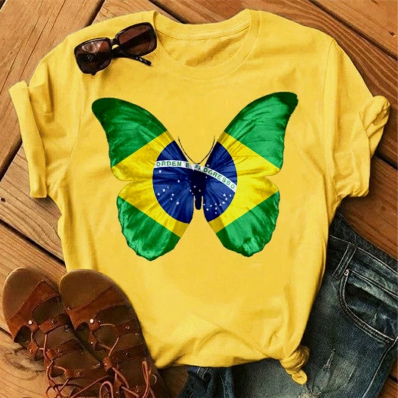 Camiseta Feminina Blusa Brasil  Borboleta  Lançamento  Copa 2026 100% Algodão Do P ao G3 Fio 30