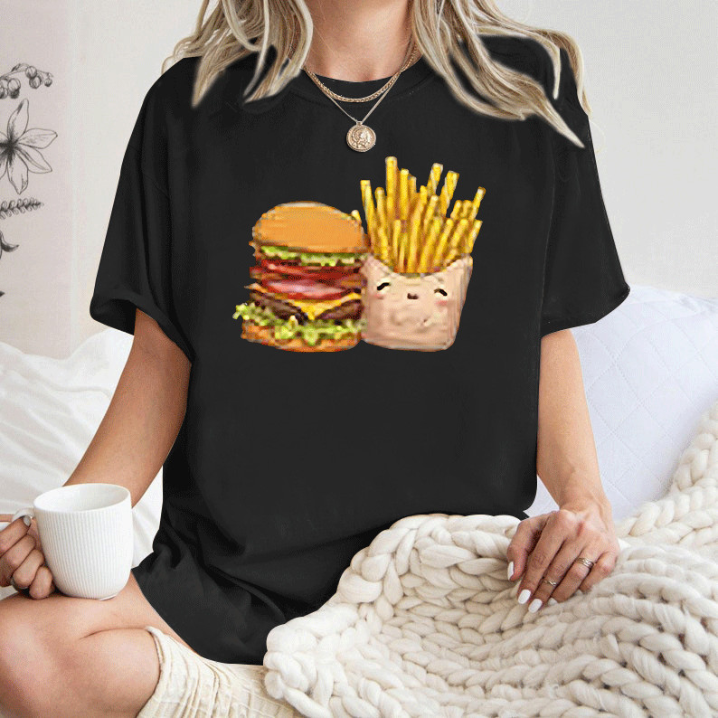 [Camiseta Premium Algodão Puro]LA Camiseta Feminina Estampa Hambúrguer E Batata Frita
