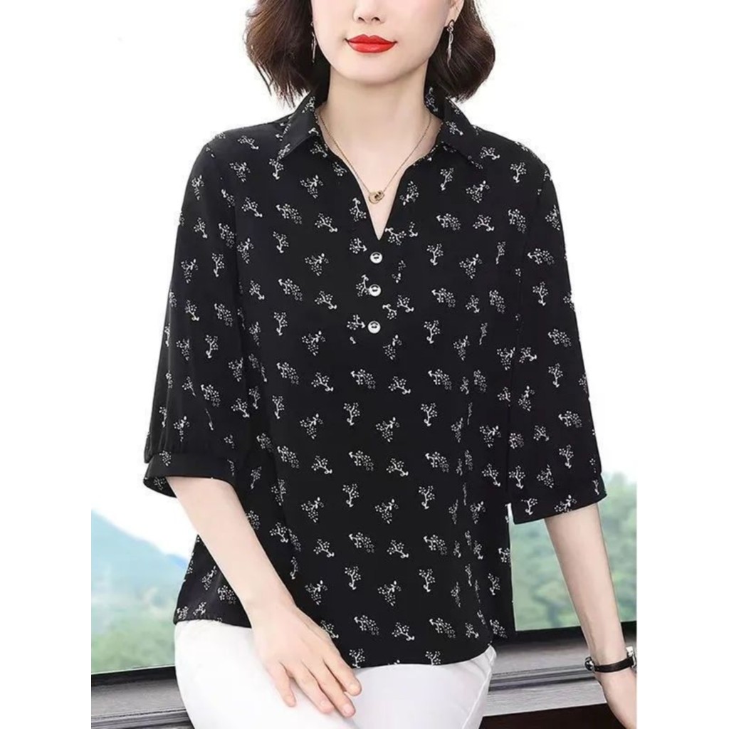 Fat mm manga três quartos Chiffon preto flor esmeralda com decote em V Top feminino novo estilo vestido de verão solto e
