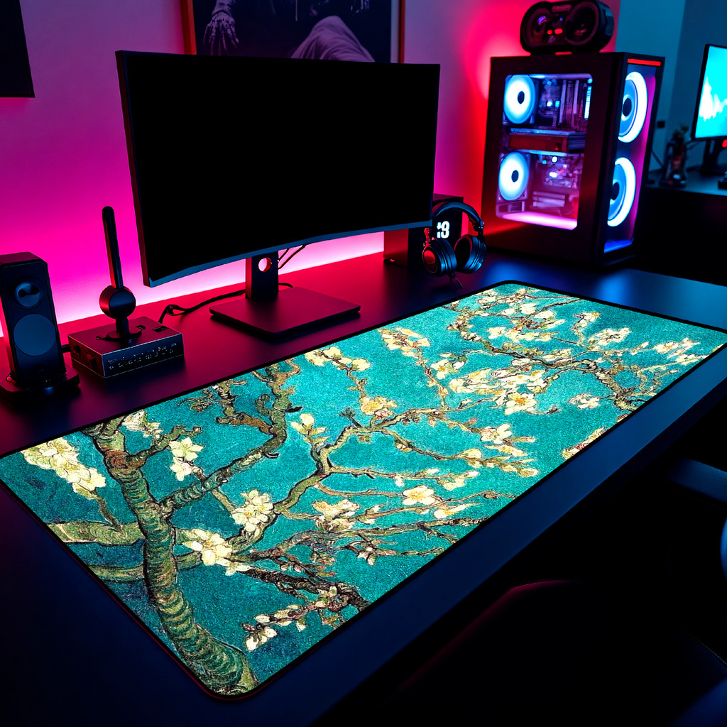 Mouse Pad Gamer Van Gogh Amendoeira em Flor 65x30cm 80x40cm 90x50cm 120x60cm Borda Costurada em Oferta na Shopee