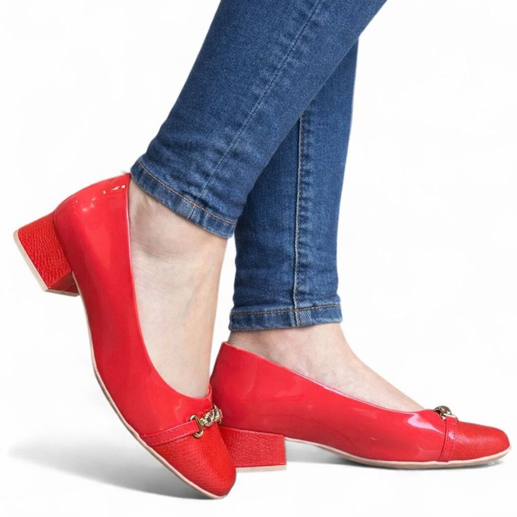 Sapato Feminino Salto Bloco Baixo Verniz e Textura Comfortflex 2495423-4 em Oferta na Shopee