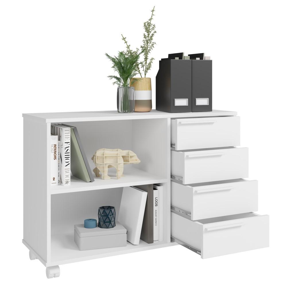 Balcão Gaveteiro 4 Gavetas 1 Prateleira 2 Nichos Organizador Home Office Quarto Escritório Branco