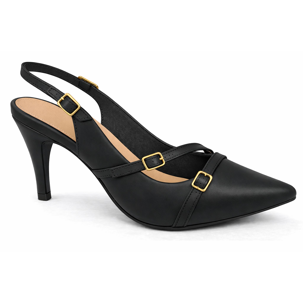 Scarpin Feminino Slingback Salto Médio 6 cm Fosco Traseira Aberta Detalhes Fivelas Elegante Confortável Trabalho Festa