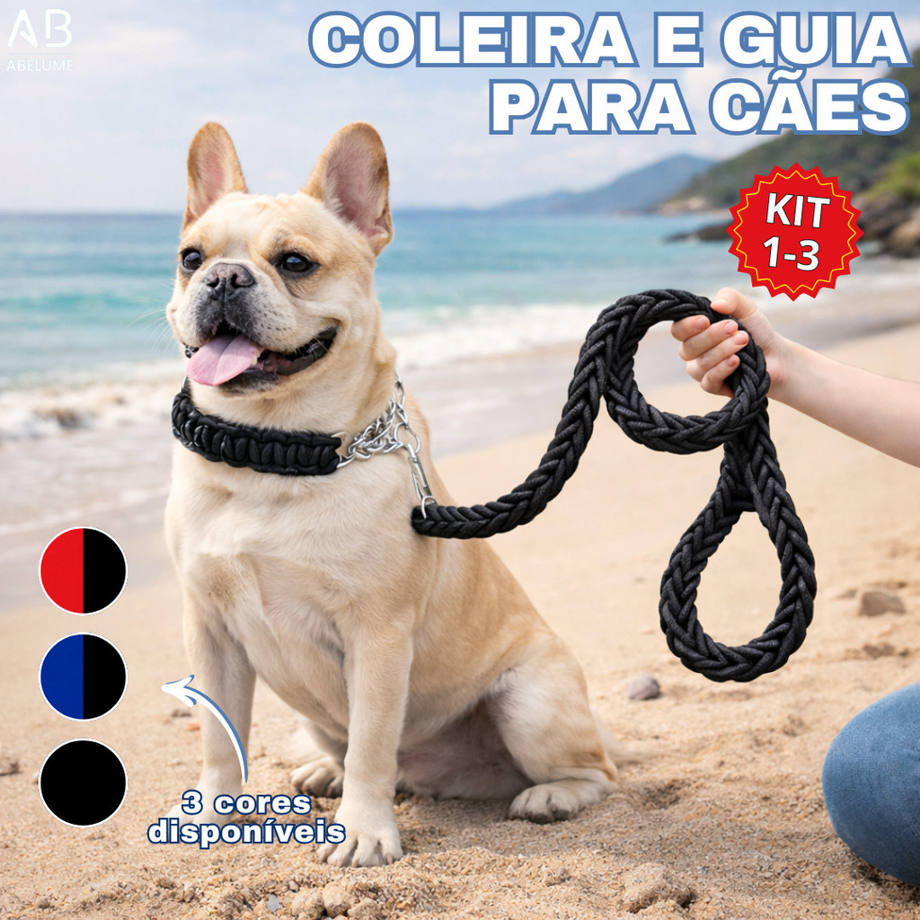 Coleira e Guia para Cães Nylon Traçacada de Oito Fios Corda Grande Pequeno, Médio e Grande Porte