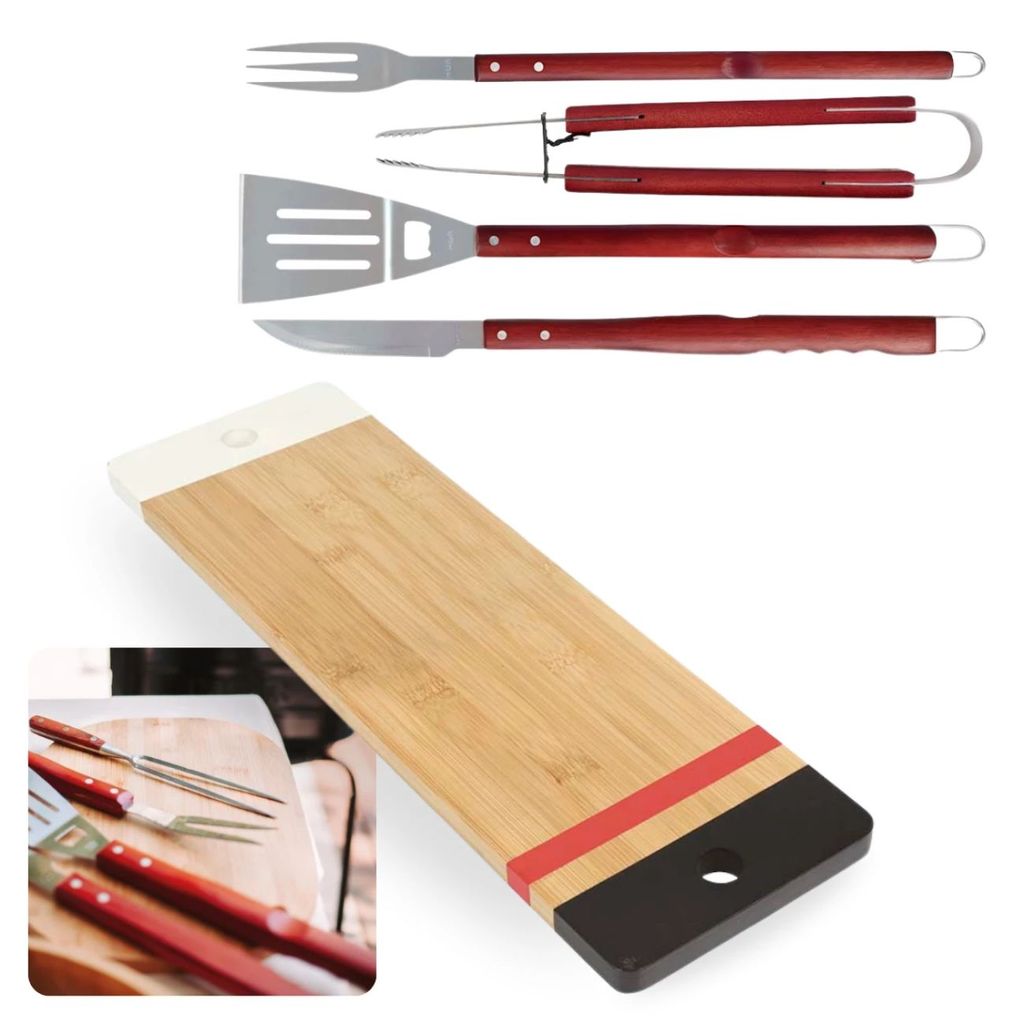 Kit Churrasco 4 Utensílios Corte Carne + Tábua em Bambu 48,3cm Acabamento Verniz
