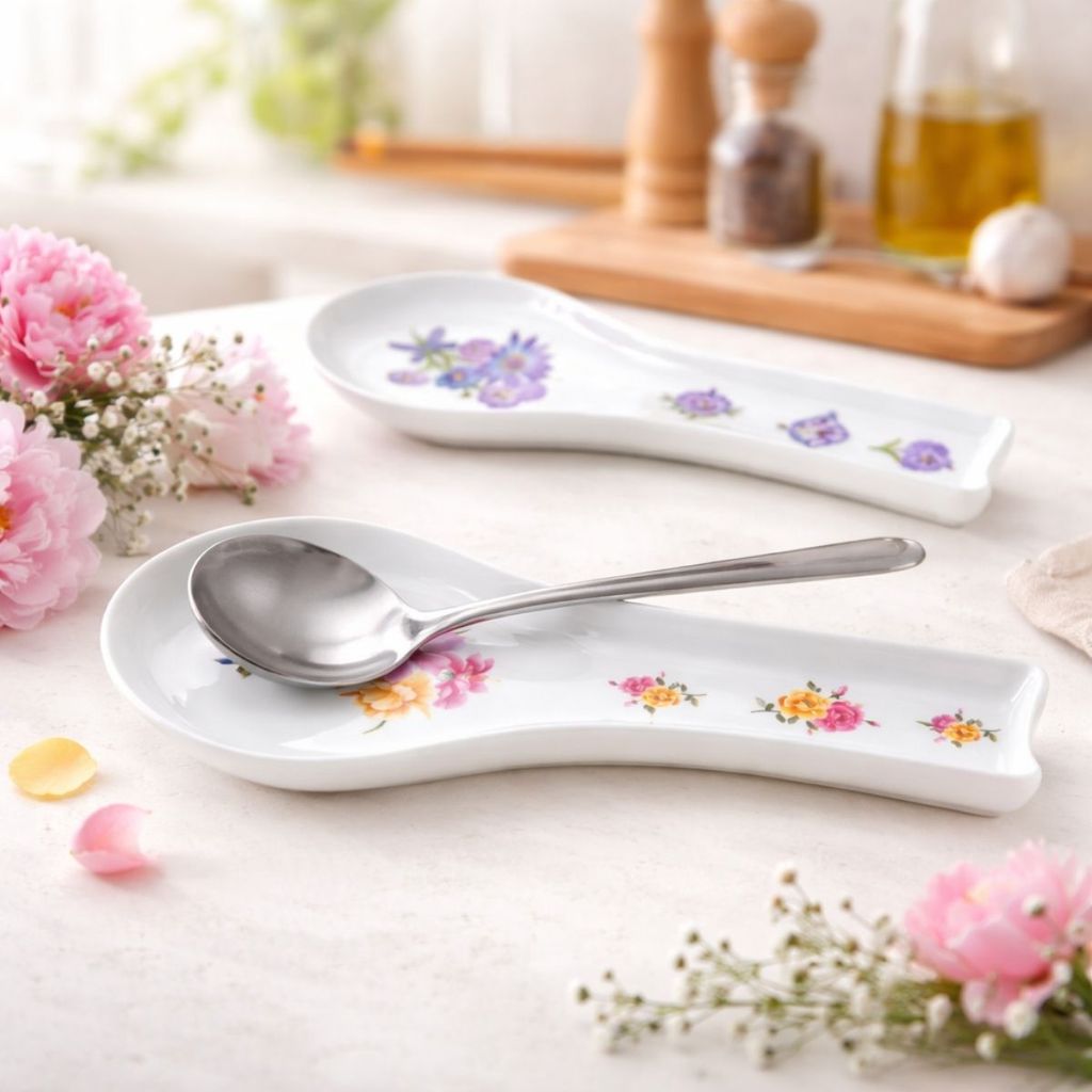 2 Descansos de Colher Melamina Porta Utensílio Cozinha Suporte Bancada Estampa Floral Decorativa
