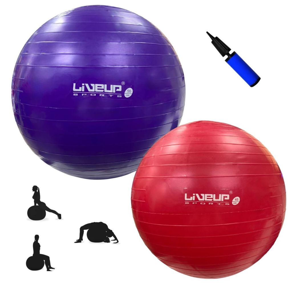 Kit Bola Suíça Pilates Yoga 55cm Roxa + 45cm Vermelha + Mini Bomba Treino, Ginastica e Fisioterapia