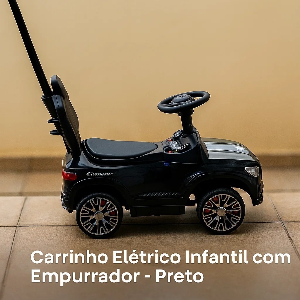 Carrinho Elétrico Infantil Empurrador Preto Mini Carro Alça Empurrar Passeio Criança Achadinhos
