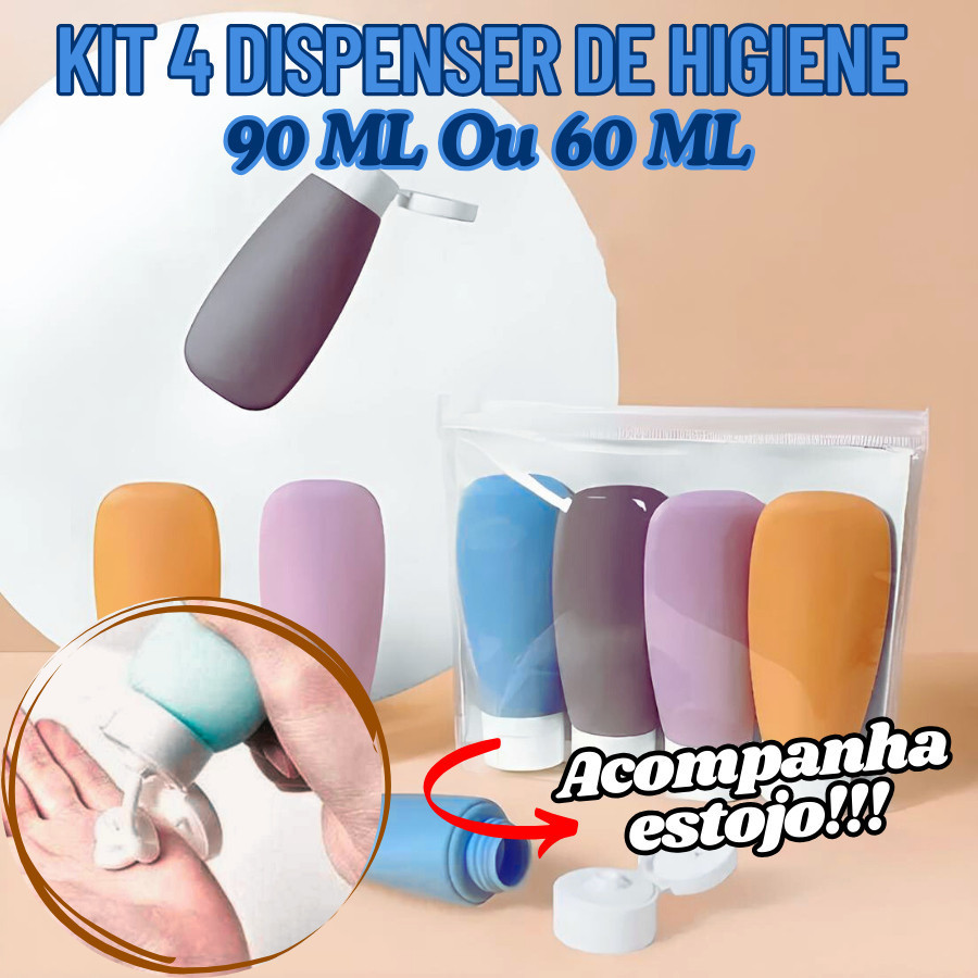 KIT 4 Dispenser De Higienes Com Estojo 90ML Ou 60ML De Autocuidado Para Qualquer Viagem Multiuso