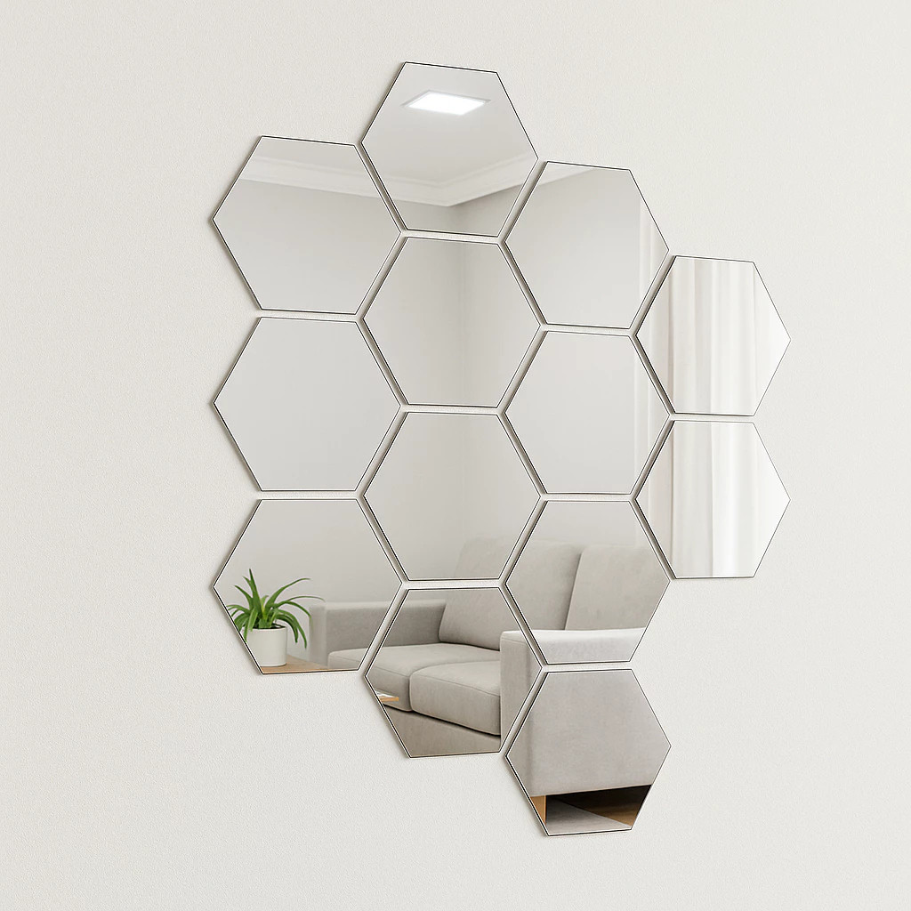 Kit 10 Espelhos Adesivos Decorativos Decoração de Quarto Sala Hexágonos Acrílico Transforme Sua Casa Espelhado 12x11cm