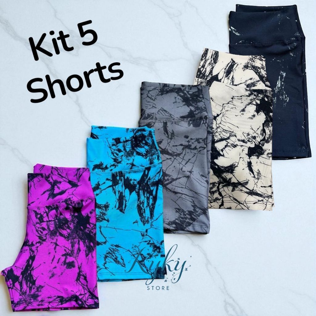 Detalhes do Kit 5 Shorts Fitness Marmorizado Roupa Academia Cintura Alta Feminino Tie Dye Zero Transparencia