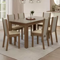 Conjunto Sala de Jantar Elóra Mesa Tampo de Vidro 6 Cadeiras Rustic/Crema/Sintético Bege Madesa