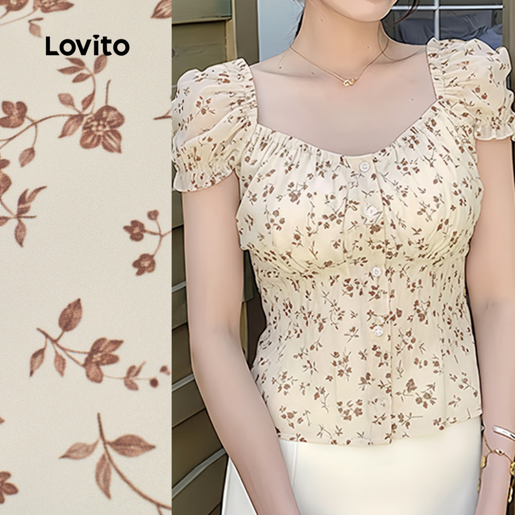 Lovito Casual Blusa com Botões Na Frente e Borda de Alface para Primavera/verão para Mulheres L177ED216