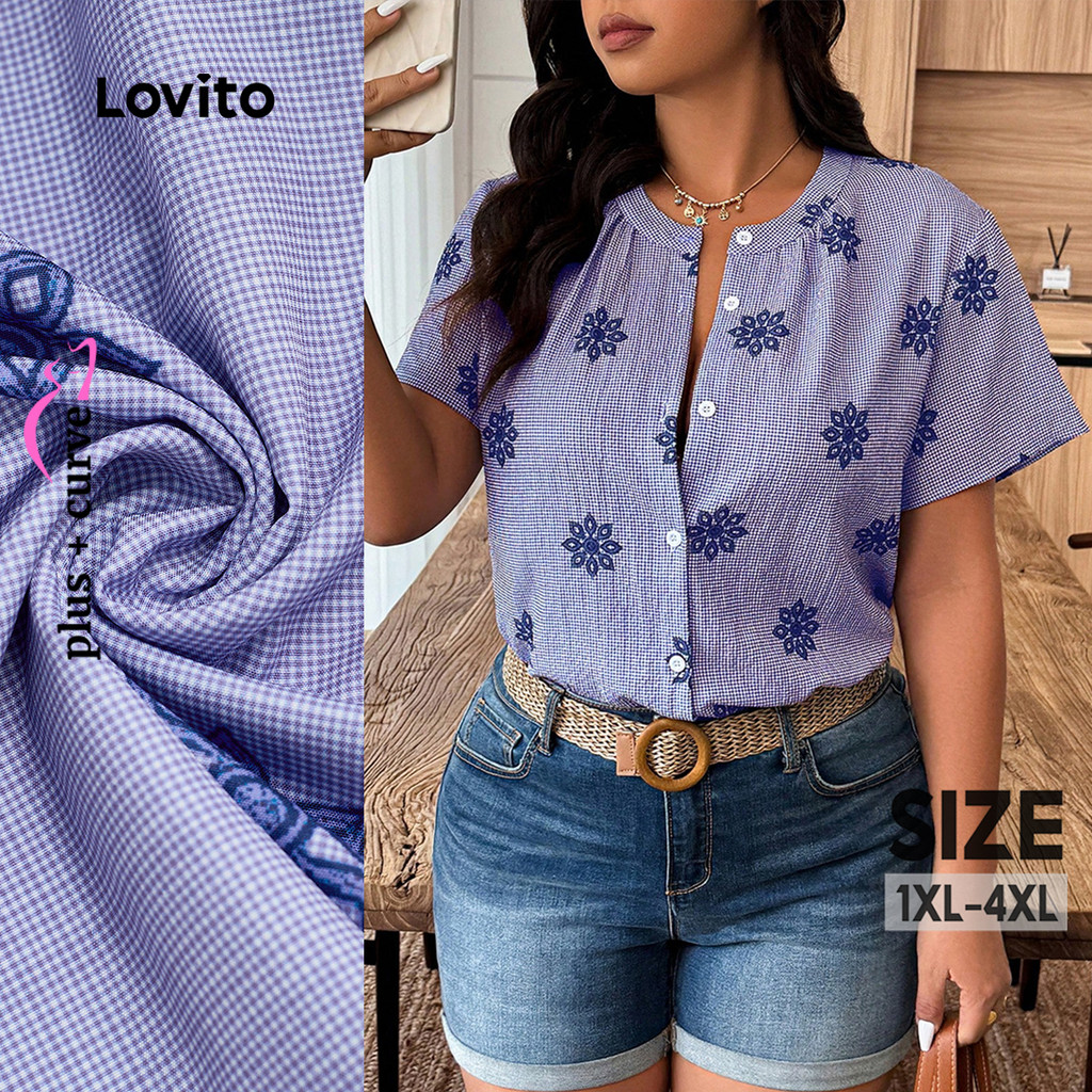 Lovito  Blusa Casual com Botão Frontal Padrão Primavera/verão Blusa Azul para Mulheres LBL33074 em Oferta na Shopee