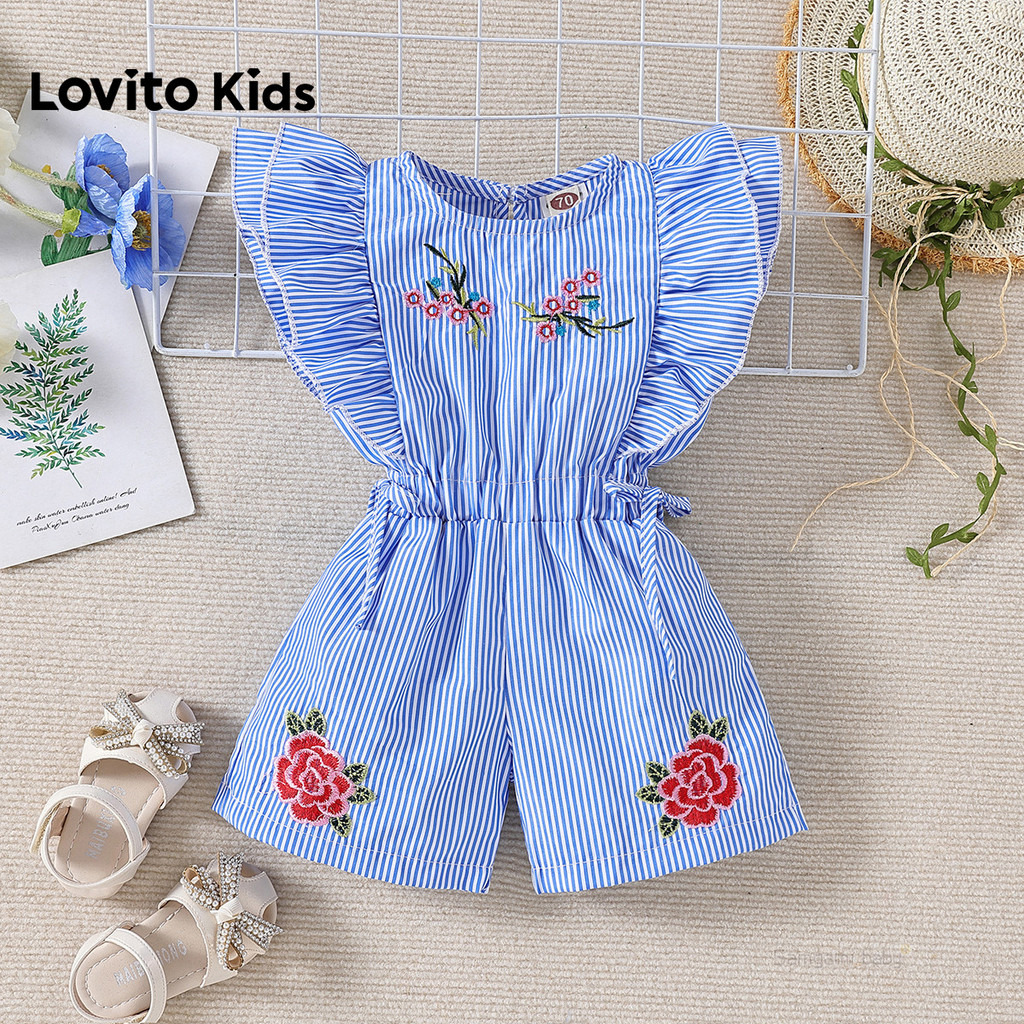 Lovito Kids  Padrão de Macacão Casual Bordado Plissado Primavera/verão Macacão Azul para Menina LNL136356 em Oferta na Shopee