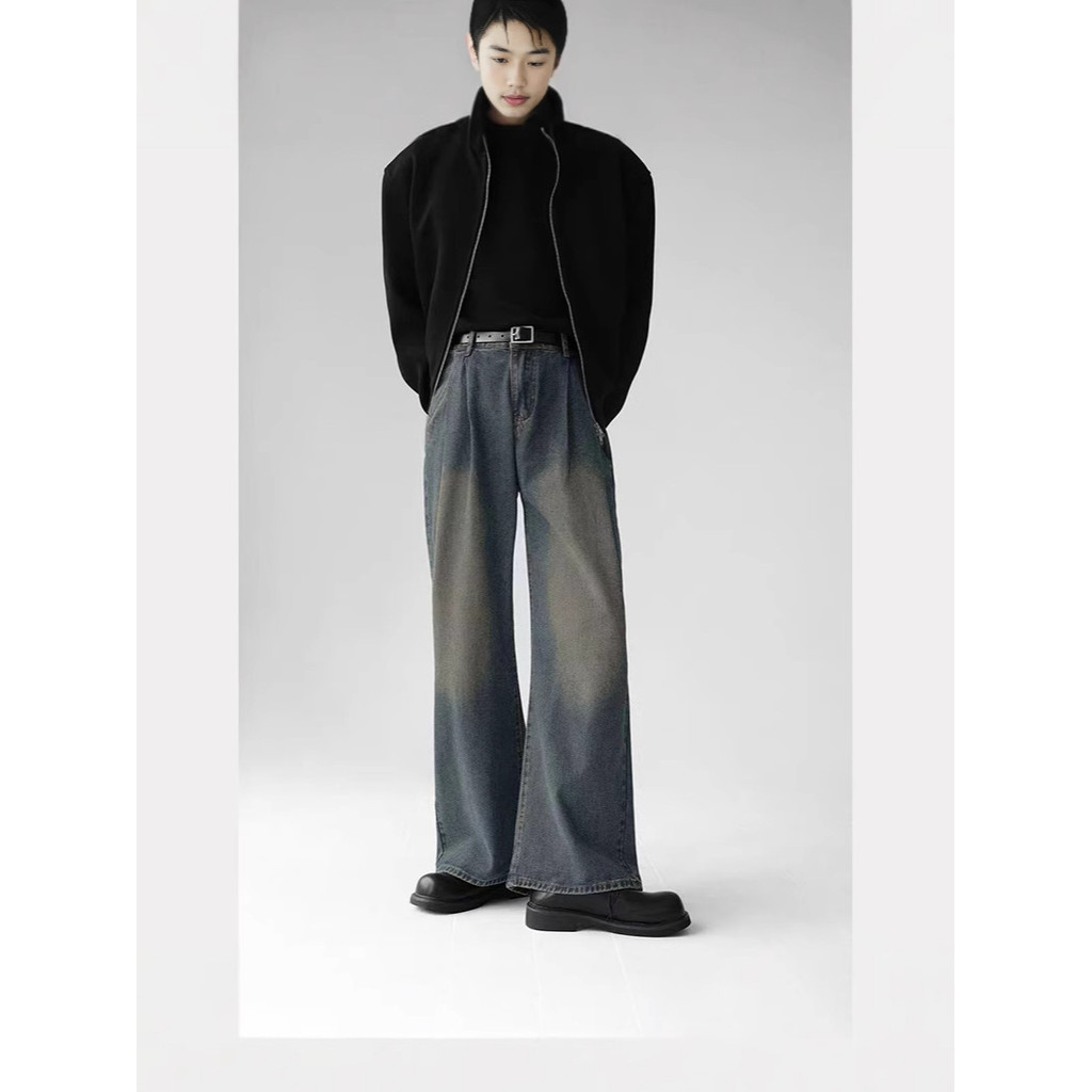 Jeans americanos retrô de corte folgado para homens e mulheres, calças largas com pregas, calças compridas lavadas, calç