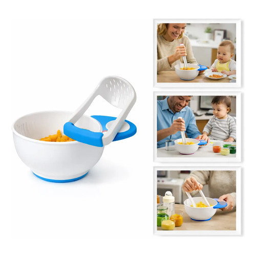 Kit Papinha Tigela Com Amassador De Plastico Rosa Na Caixa