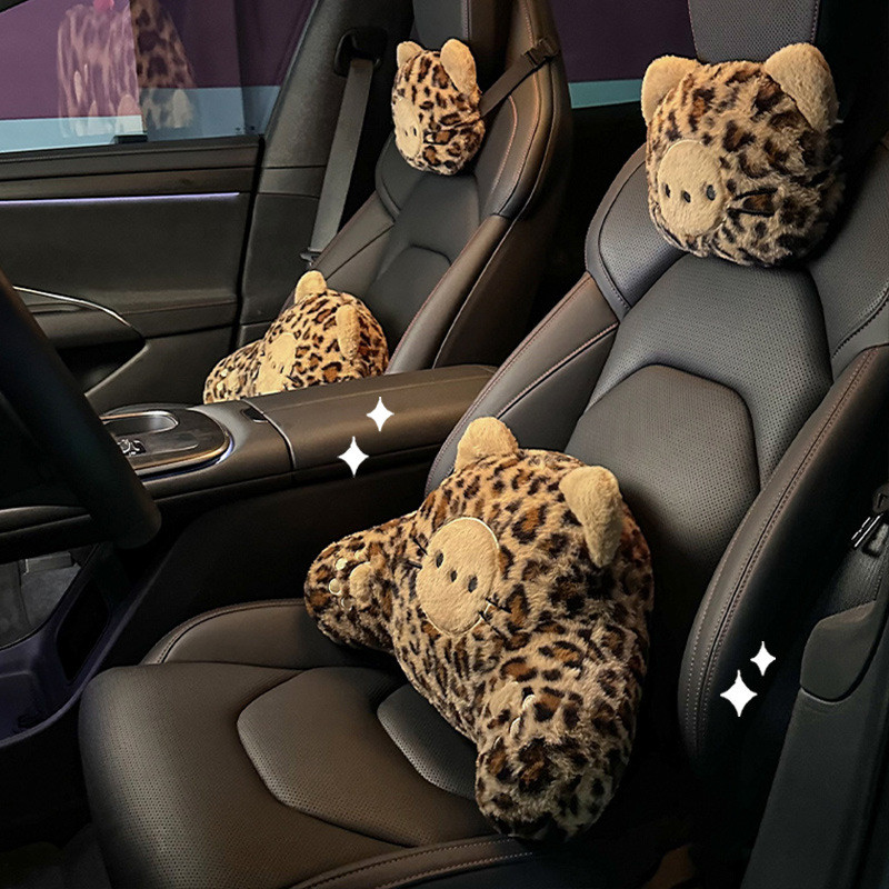 Leopardo impressão gato encosto de cabeça do carro apoio lombar assento de carro de pelúcia apoio lombar travesseiro alm