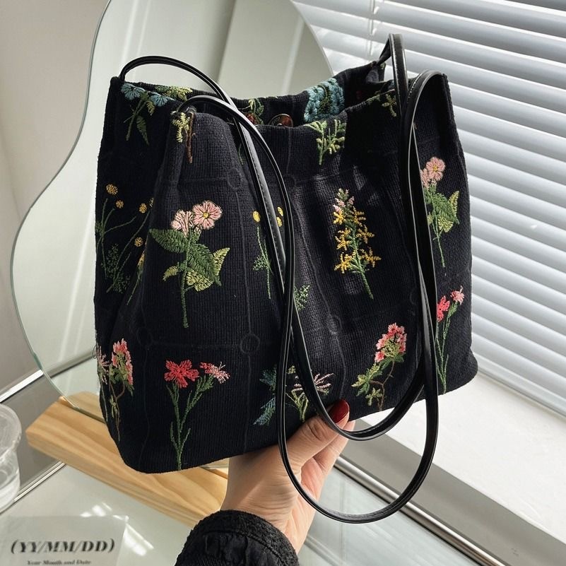 Bolsa de Ombro Boêmia Bordada em Lona para Mulheres, Grande Capacidade, Moda Casual, Bolsa Tote Estilo Campestre, Bolsa