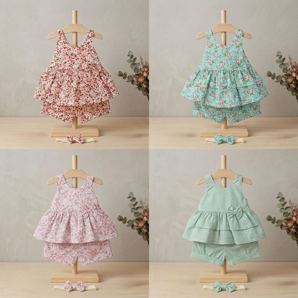 Kit 4 Conjuntos Infantil Feminino Bata + Short + Faixa Cabelo Luxo