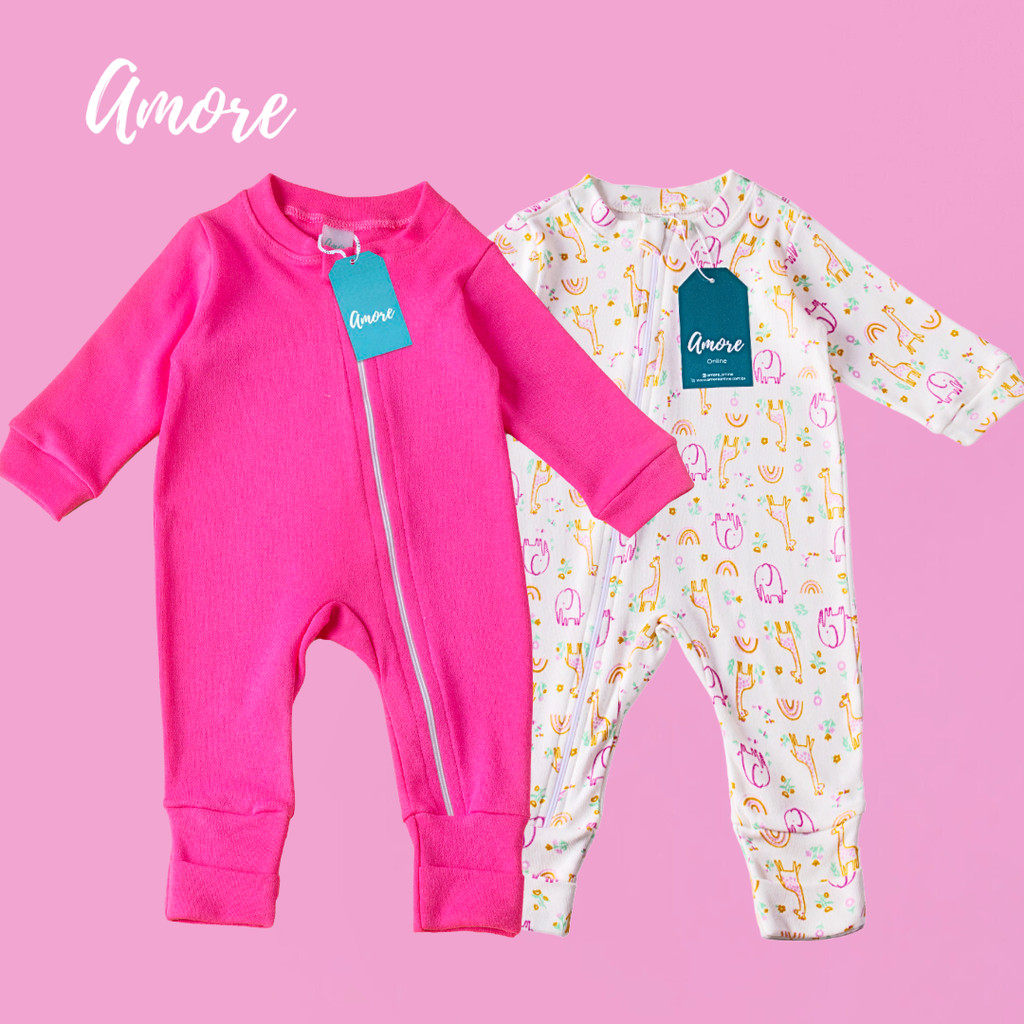 Kit 2 Macacão Longo Para Bebê Amore Elefantinha e Pink 100% Algodão
