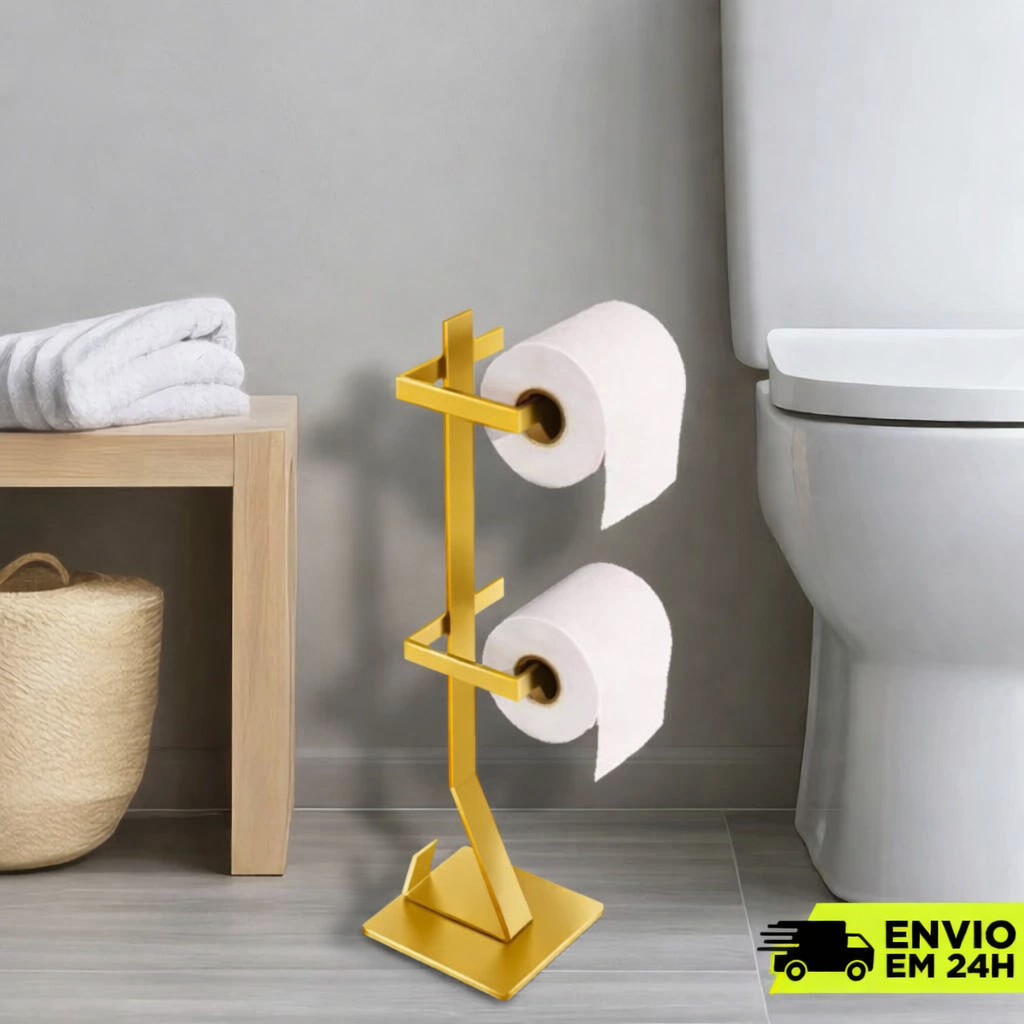 Suporte Porta Papel Higiênico 2 Rolos de Chão para Banheiro Moderno - DOURADO