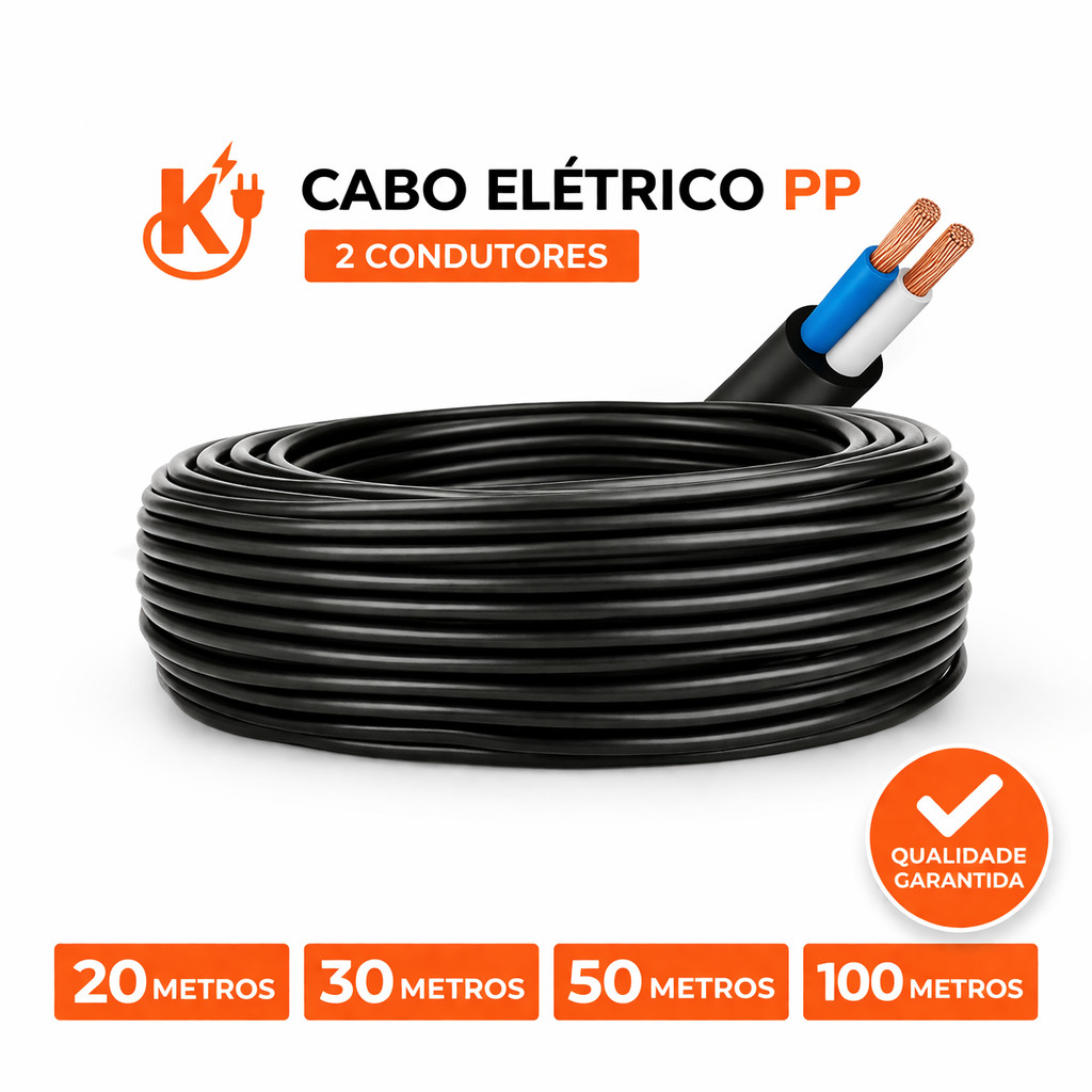 Cabo PP 2x1,50 mm Dupla camada 2 Vias Rolo 20,30,50 e 100 Metros